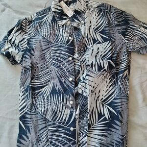 J. Crew Blue and White Tropical Leaf Shirt